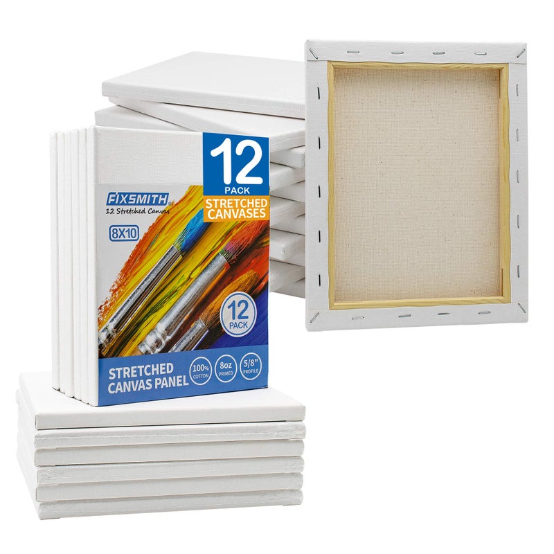 FIXSMITH Stretched Canvas for Painting- 8x10 Inch,Bulk Pack of 12,Primed,100% Cotton,5/8 Inch Profile of Super Value Pack for Acrylics,Oils & Other Painting Media. - Image 1